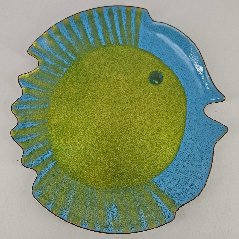 Vintage MCM Laura Smith Copper Enamel tropical fish shaped plate